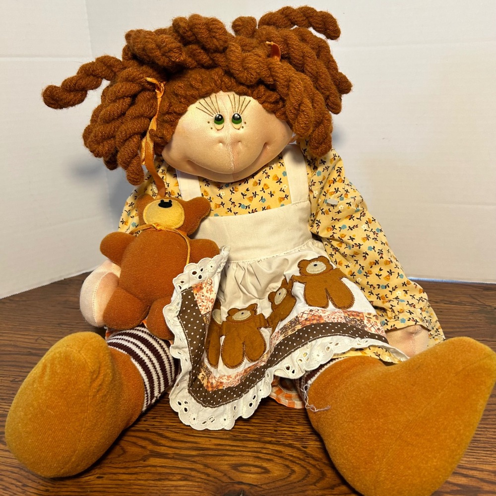 Vintage‎ Handmade Soft Sculpture Doll with Teddy Bear Floral Dress Large 22 Inch